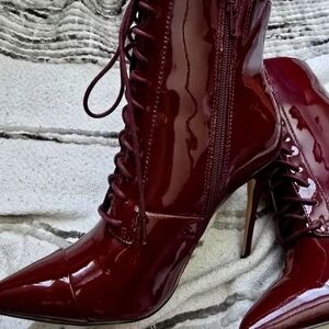 Aldo Glossy Burgundy Lace-Up Stiletto Ankle Boots